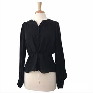 Whistles Black Drawstring 100% Silk Blouse Size 10 Long Sleeve Button Front